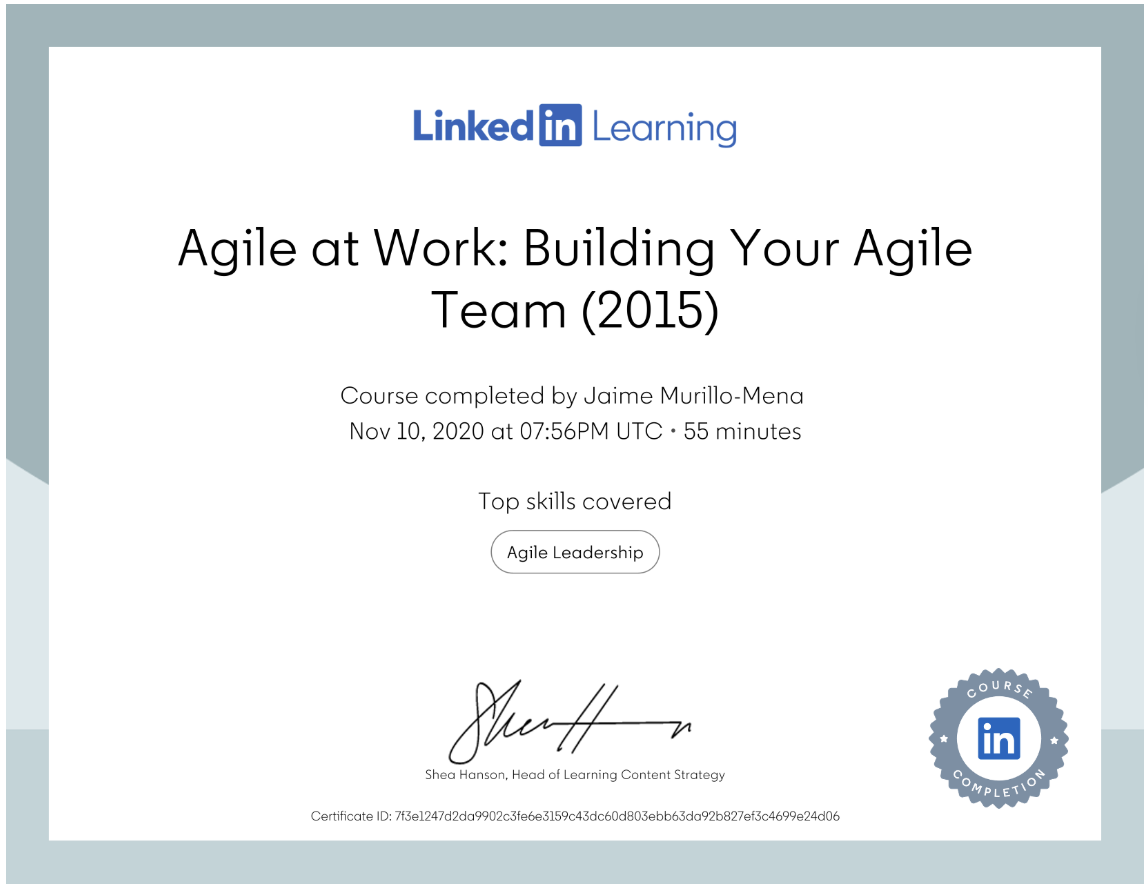 Certificate of Completion — Agile Methodologies
