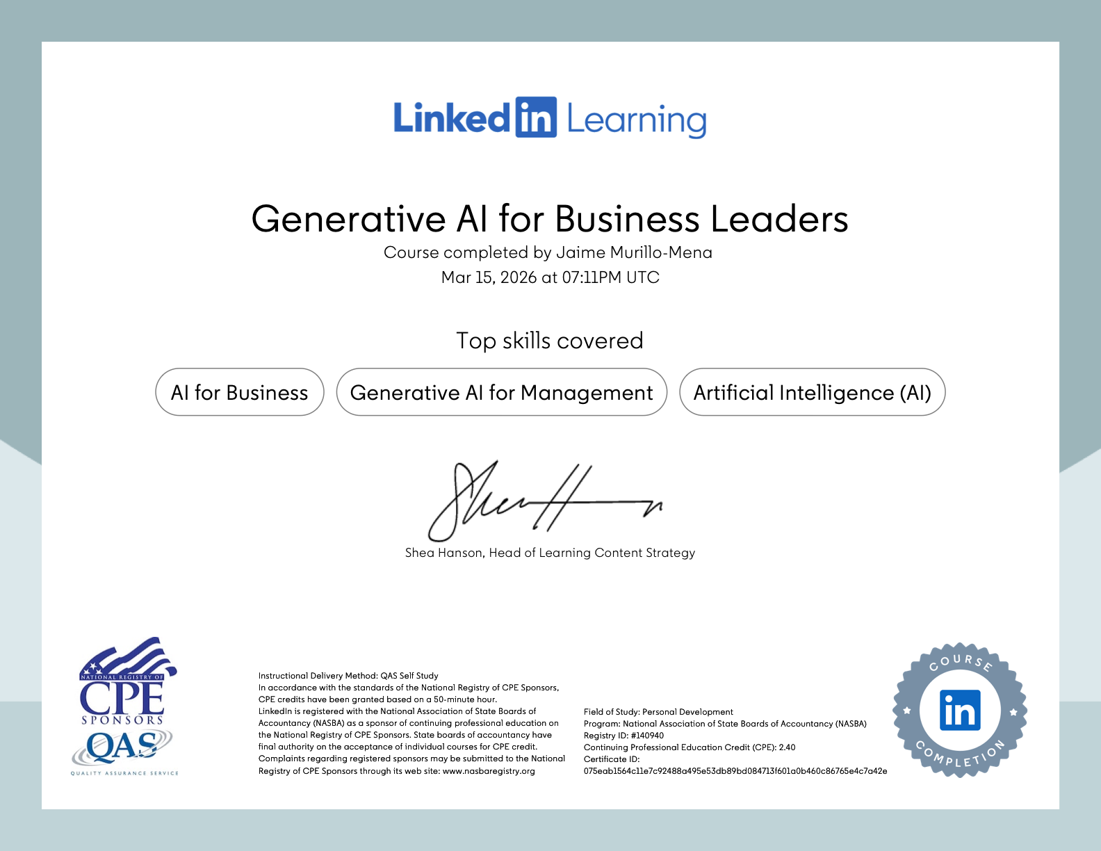 Certificate of Completion — Generative AI for Business Leaders