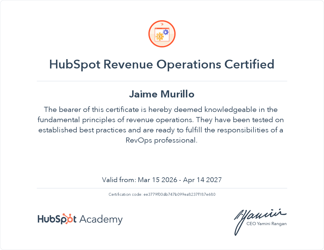 HubSpot Revenue Operations Certified — Jaime Murillo